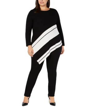 Alfani Plus Women's Asymmetrical-Hem Striped Sweater, Deep Black , 1X