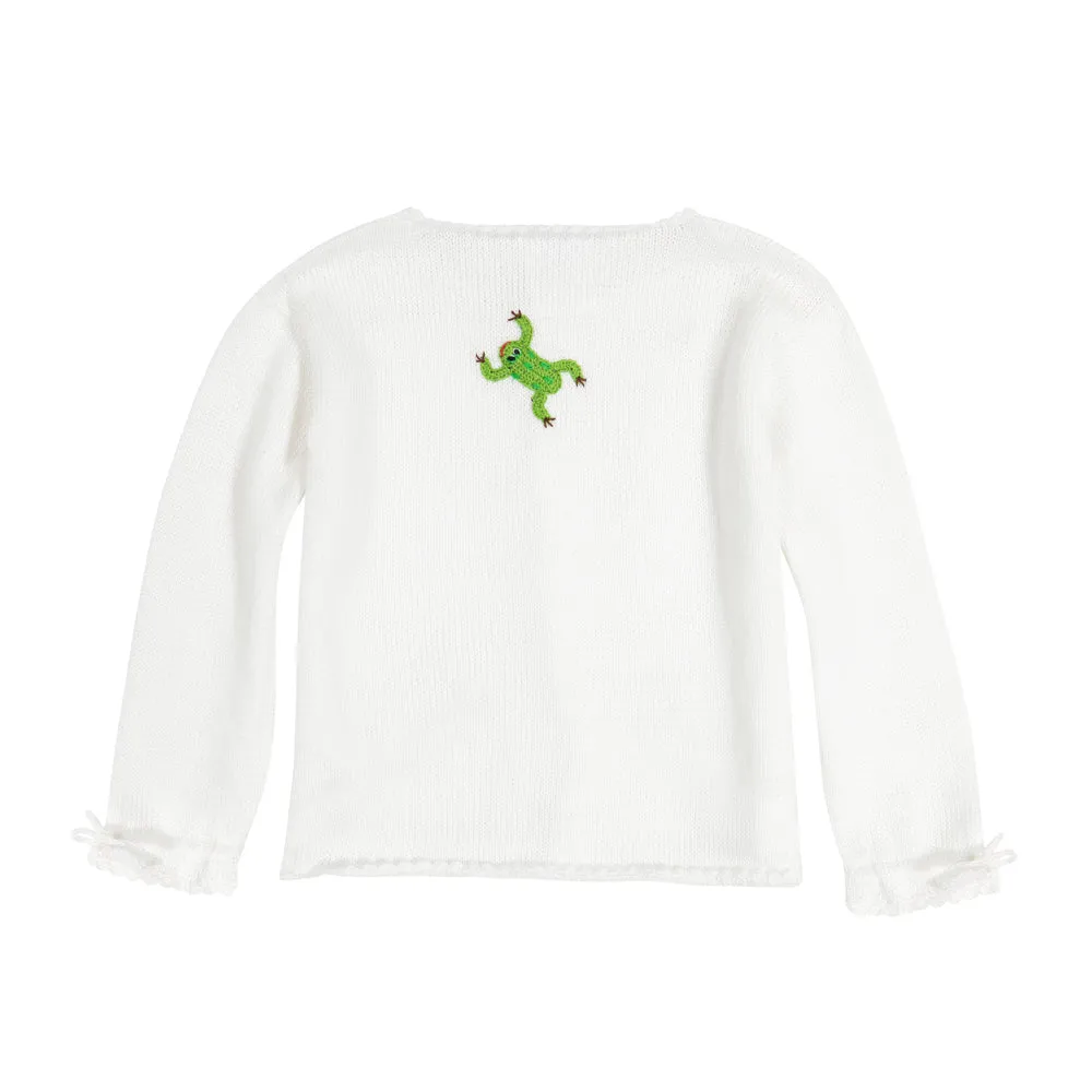 Applique Mercerized Pima Cardigan -- White w/ Frogs