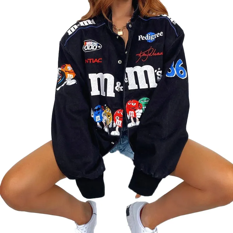 Asymmetric Design Oversized Varsity Bomber Jacket Women Casual Printed Jacket