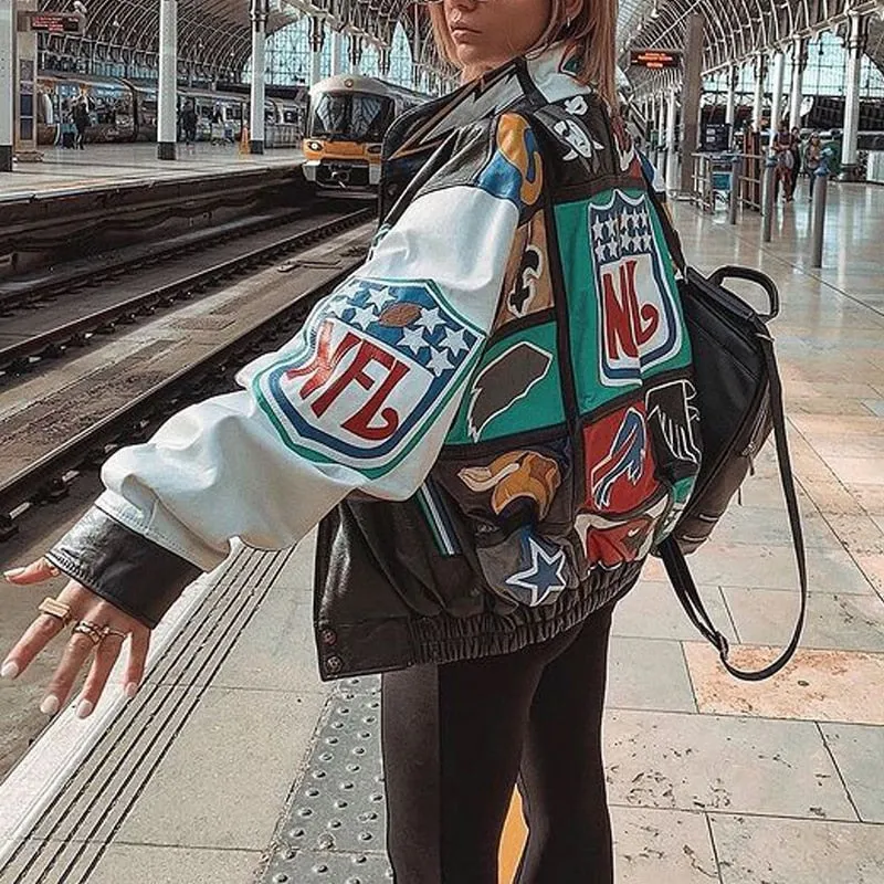 Asymmetric Design Oversized Varsity Bomber Jacket Women Casual Printed Jacket