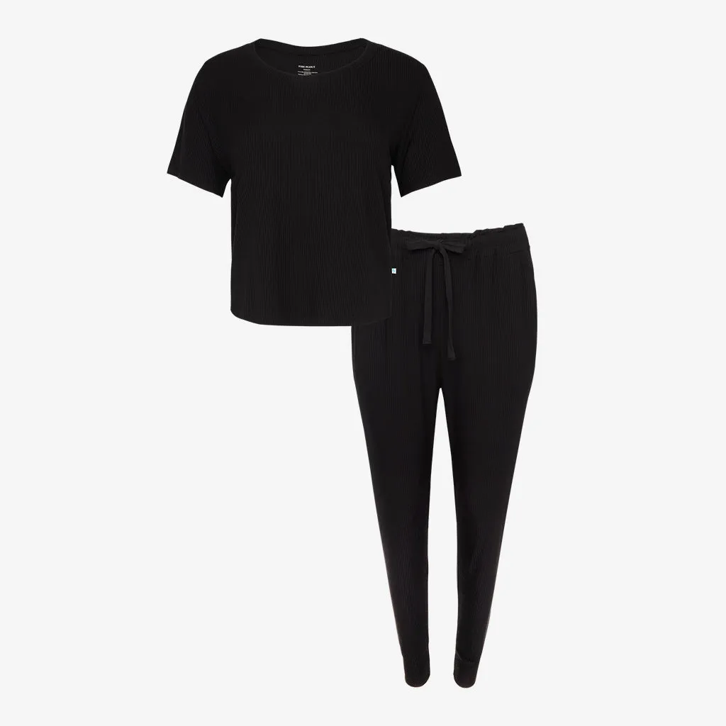 Black Ribbed Women's Short Sleeve Scoop Loungewear