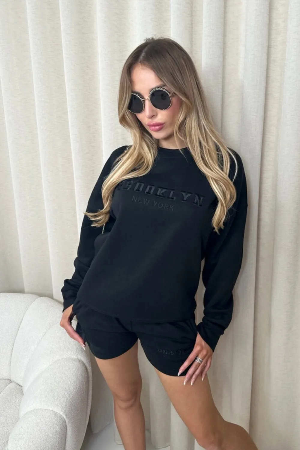 Brooklyn black embroidered sweater shorts loungewear