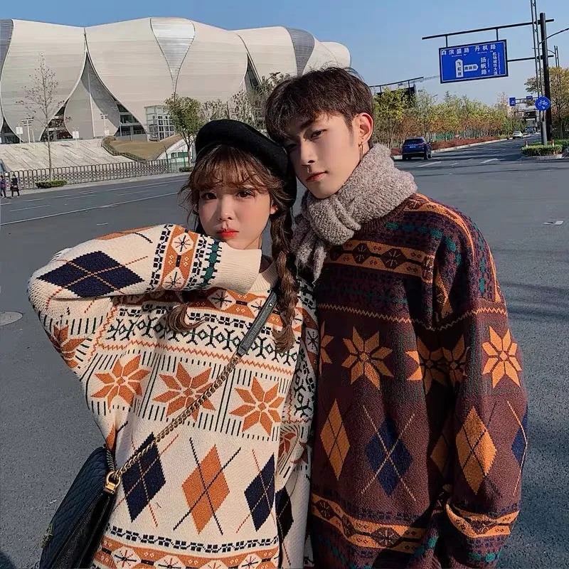 Cute round neck diamond long-sleeved sweater Couple sweater     S256