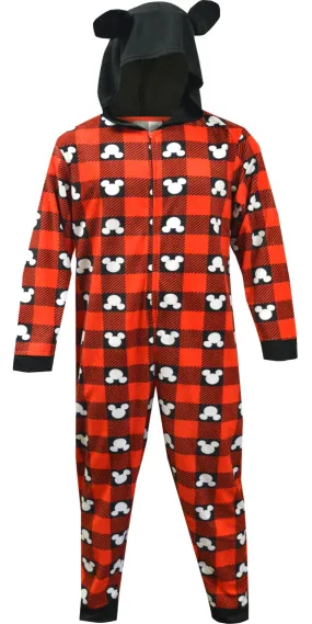 Disney Mickey Mouse Ears Plaid Holiday Men's Hooded Onesie