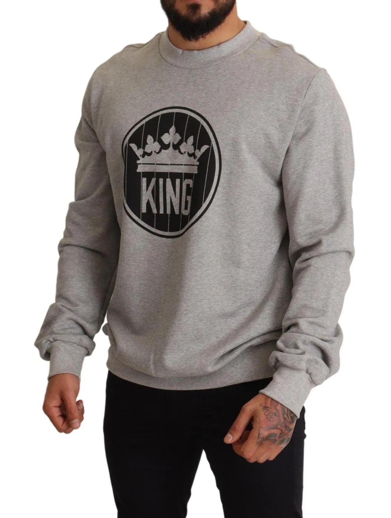 Dolce & Gabbana Gray Crown King Print Cotton Sweater