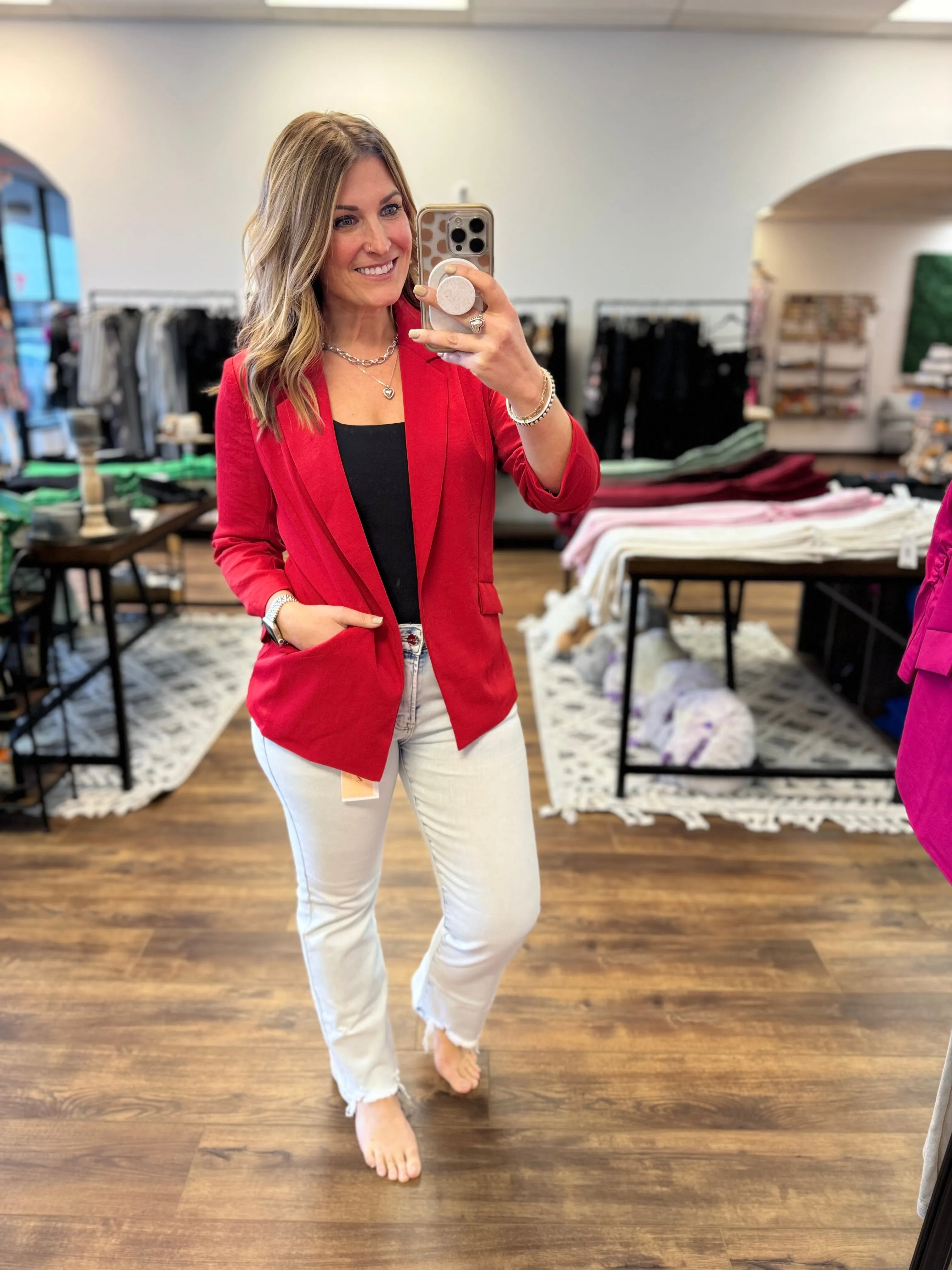 Eco-Friendly Recycled Poly Shirred Sleeve Blazer - True Red