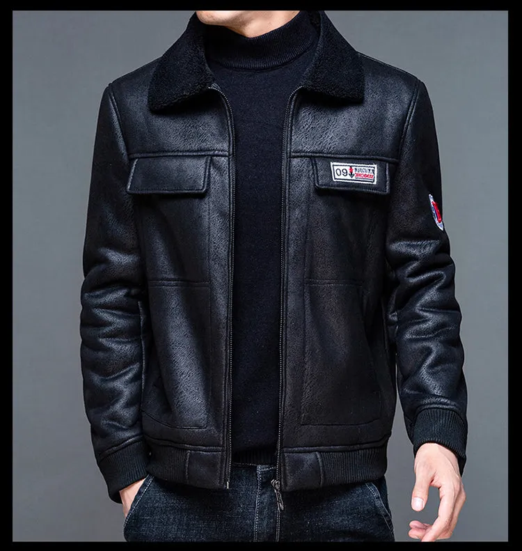 Embroidery Leather Zipper Fleece Jacket