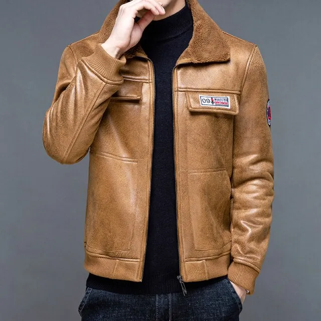 Embroidery Leather Zipper Fleece Jacket