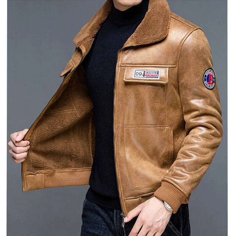 Embroidery Leather Zipper Fleece Jacket