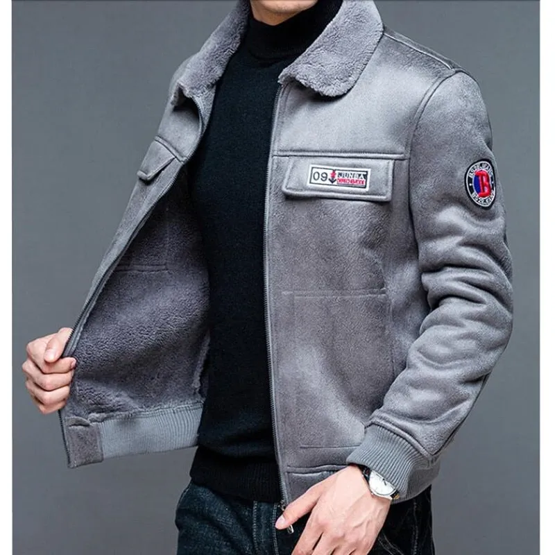 Embroidery Leather Zipper Fleece Jacket