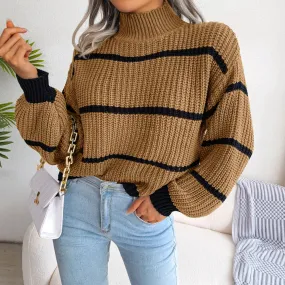 European Style Striped Lantern Sleeve  Knitted Pullover