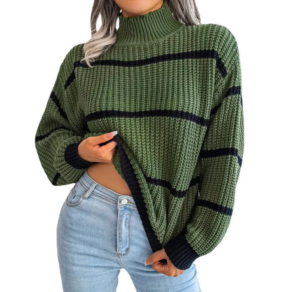 European Style Striped Lantern Sleeve  Knitted Pullover