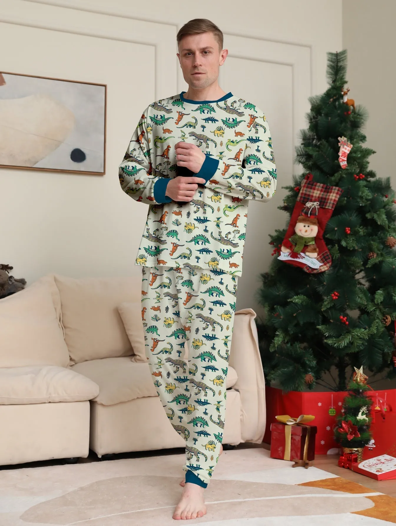 Family Parent-Child Dinosaur Printed Loungewear Pajama Set