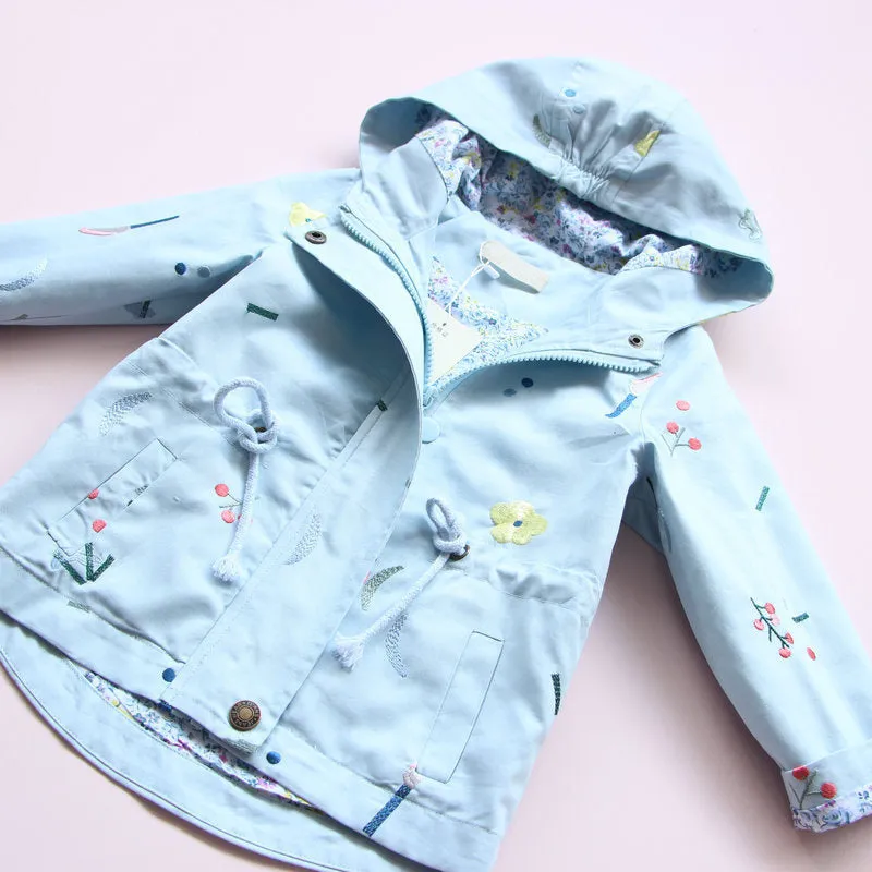 Flower Embroidery Hooded Outwear Kids Girls