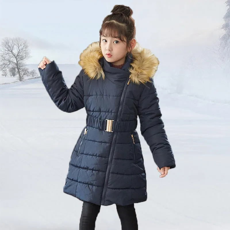 Girls Winter Coat Hooded Fur Collar Children Jackets Cotton Parka Coat