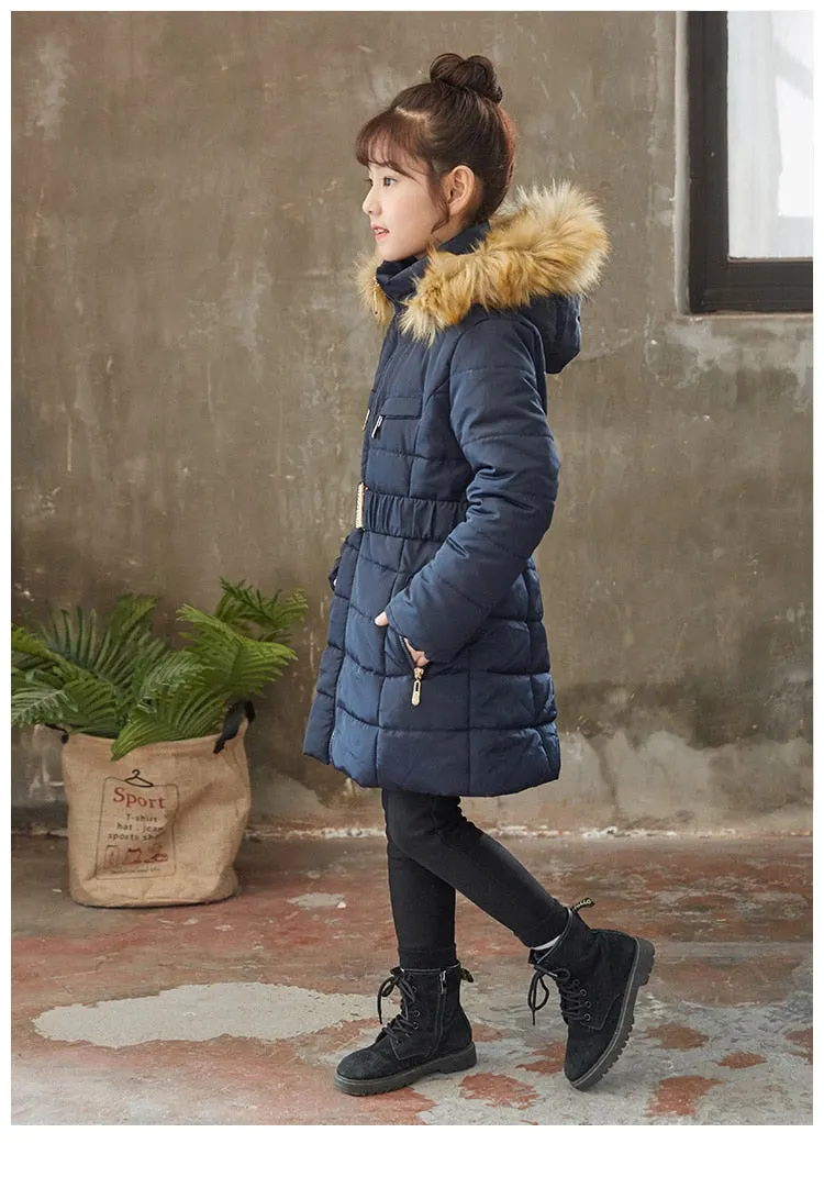 Girls Winter Coat Hooded Fur Collar Children Jackets Cotton Parka Coat