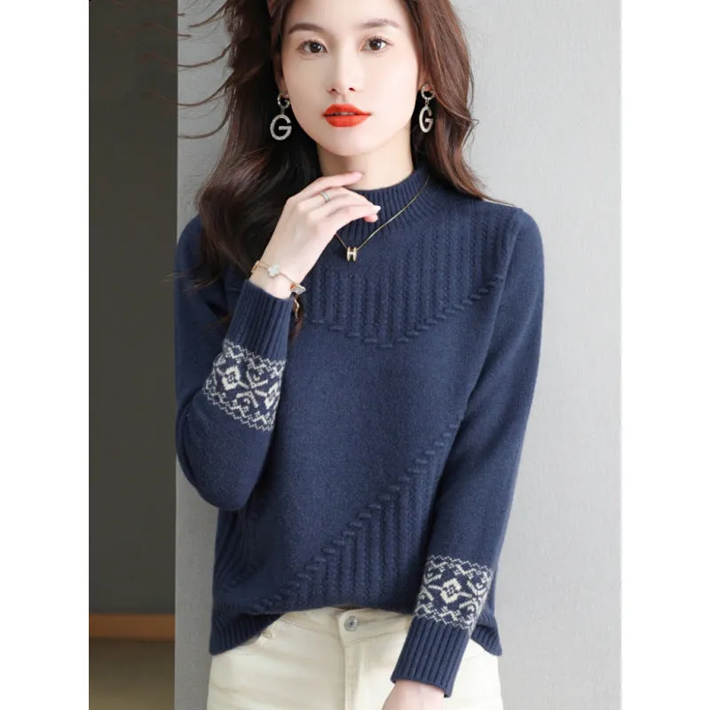 Half Turtleneck Brocade Sweater Loose