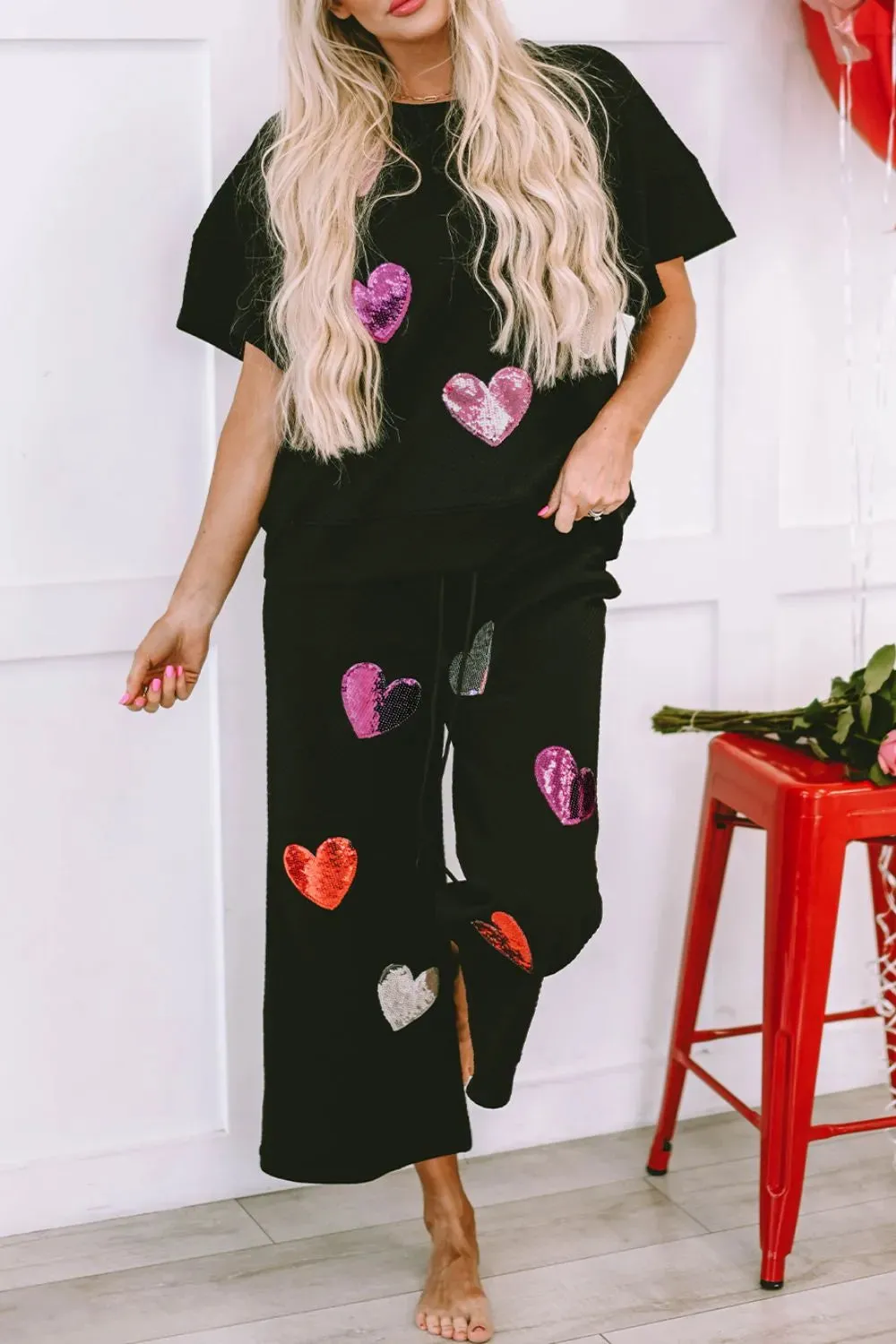 Heart Sequin Top and Pants Lounge Set