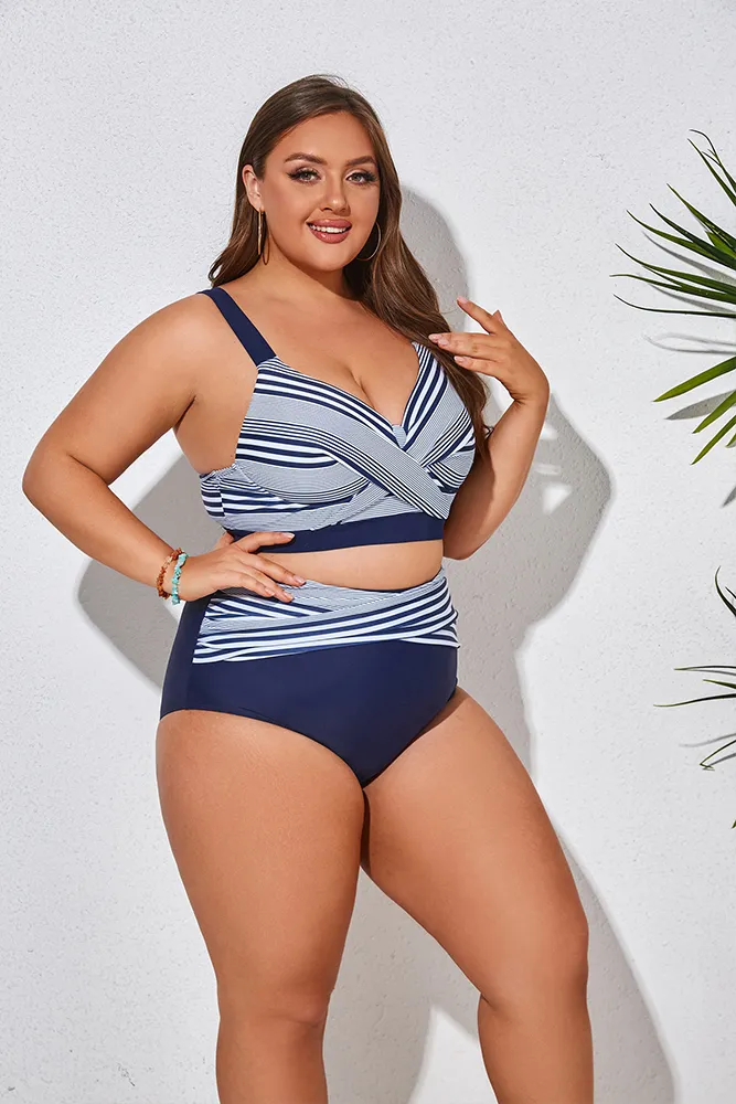 HN Women Plus Size 2pcs Set Swimsuit Cross Over Padded Tops High Waist Briefs