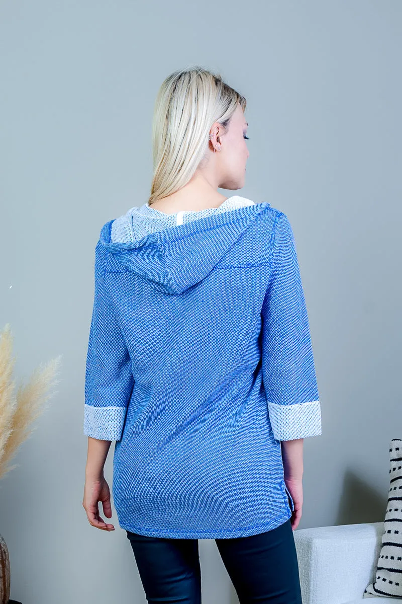 Hooded 1/4 Button Snap Pullover Sweater with Rolled Cuffs in Indigo (SK184249)