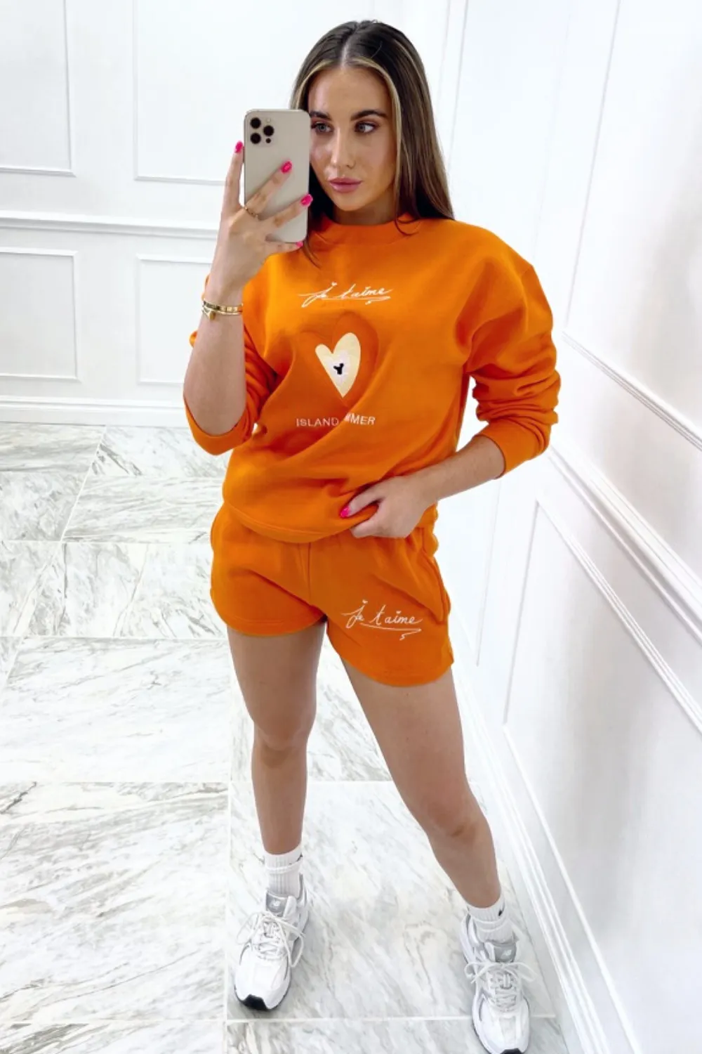 island summer orange embroidered sweater short loungewear set