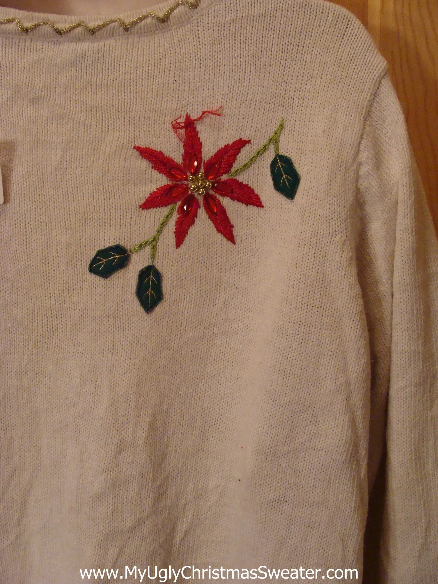 Ivory Pullover Funny Ugly Sweater with 2sided Poinsettias