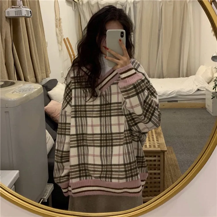 Joskaa Christmas Gift Plaid Pullover Women Warm Korean Pullover Sweater Loose Vintage Women Turtleneck Sweatshirt V Neck Jumper Long Sleeve Pull Femme