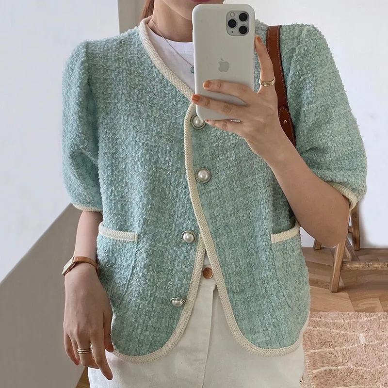 [Korean Style Laky Short Sleeve Cropped Pipping Tweed Jacket w/ Pearl Buttons