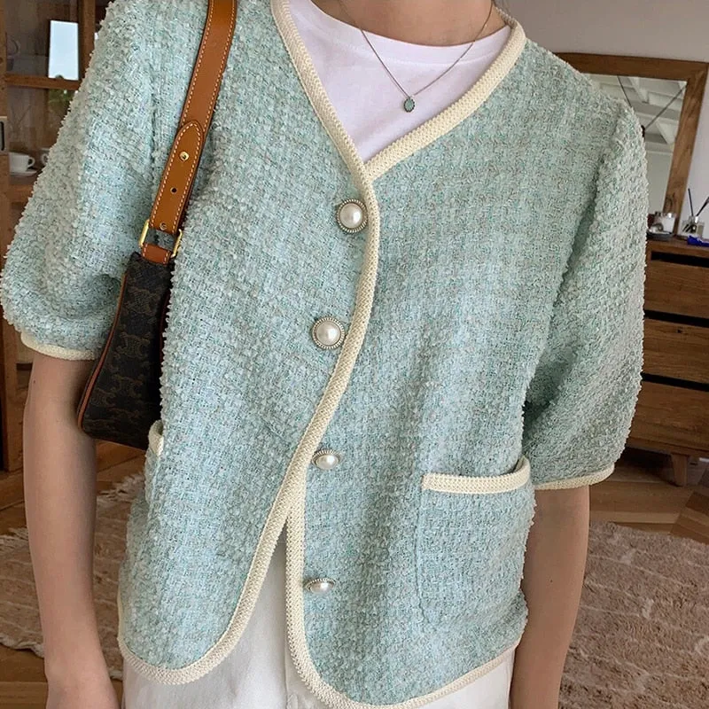 [Korean Style Laky Short Sleeve Cropped Pipping Tweed Jacket w/ Pearl Buttons