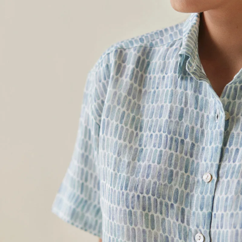 Linen Shirt For Women | Watercolour Print | Blue