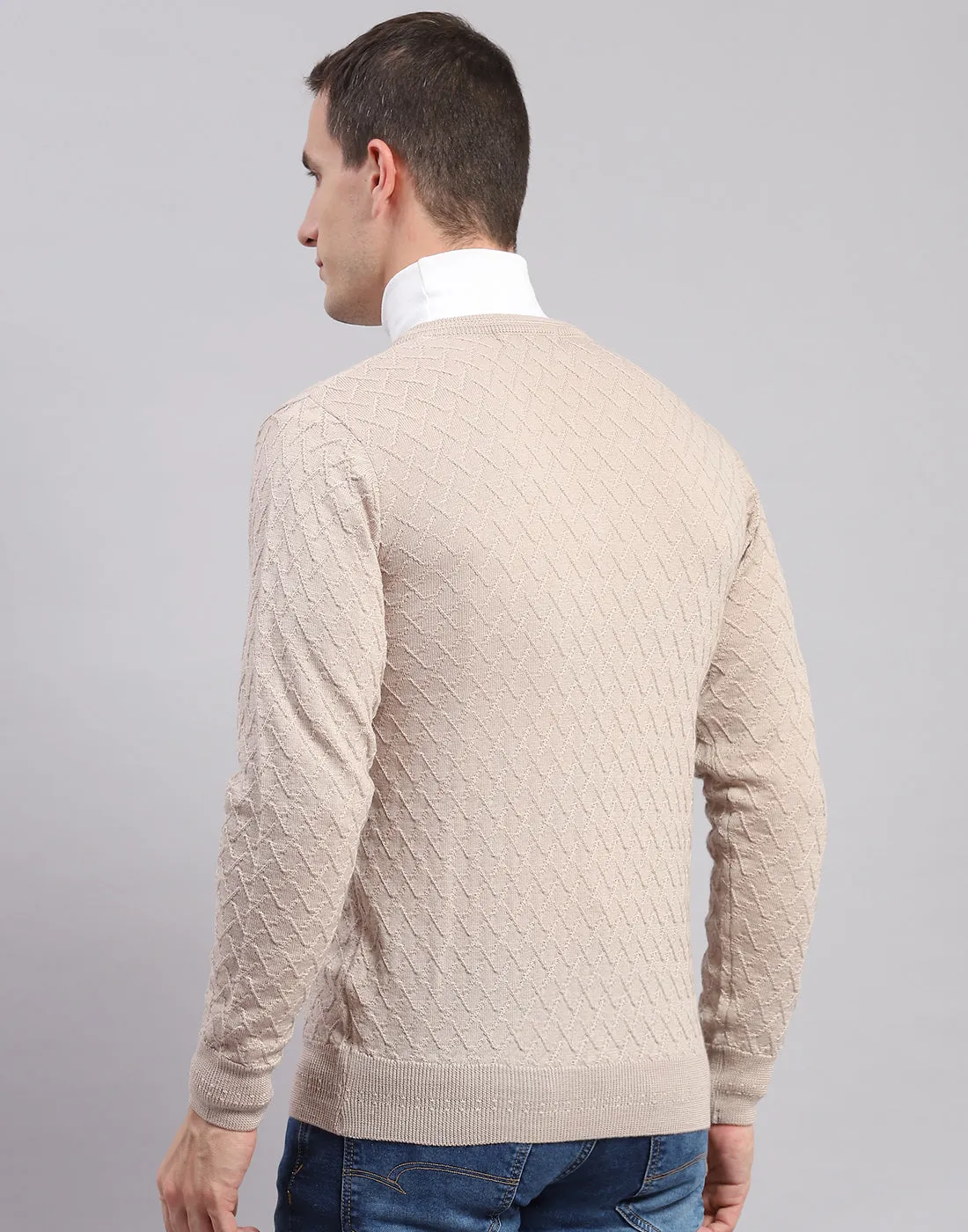 Men Beige Self Design V Neck Full Sleeve Sweaters/Pullovers