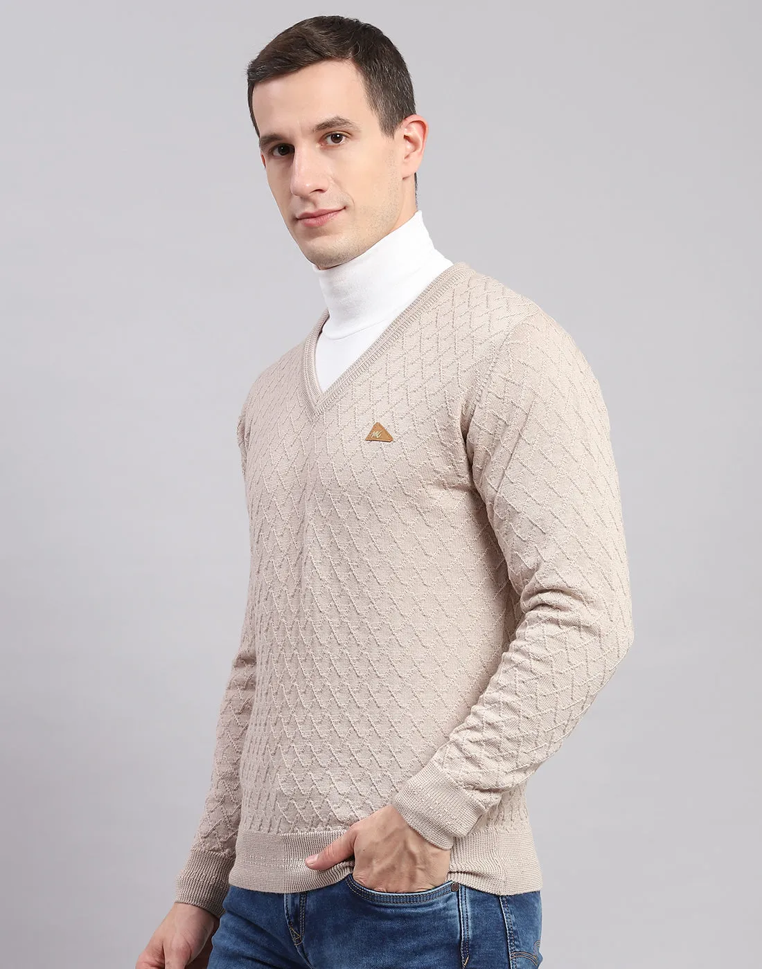 Men Beige Self Design V Neck Full Sleeve Sweaters/Pullovers