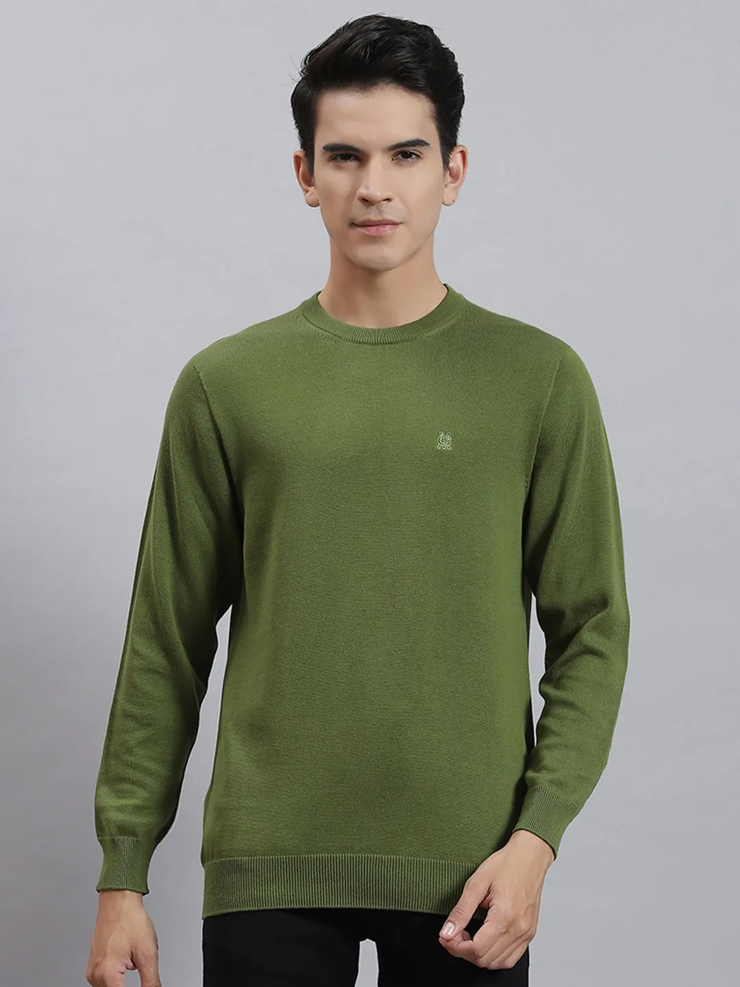 Men Olive Solid Round Neck Full Sleeve Sweaters/Pullovers