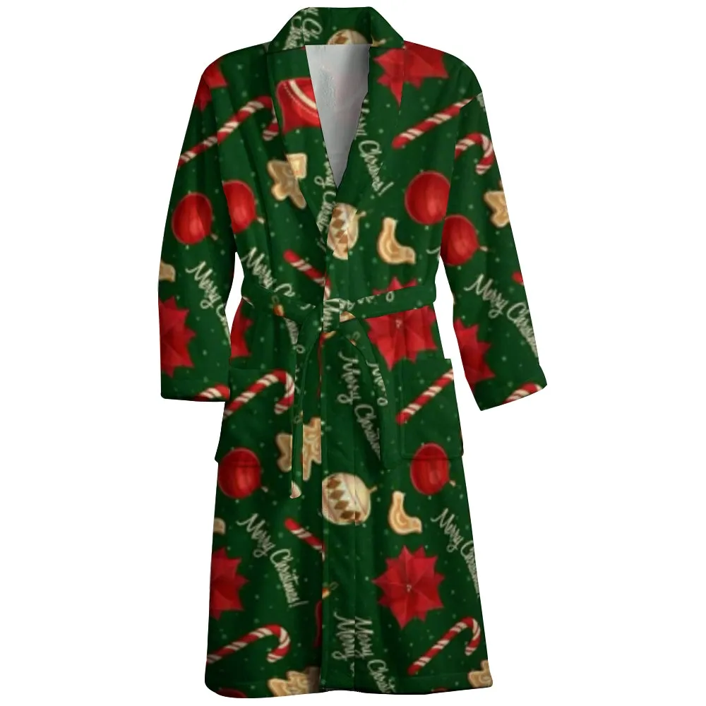 Mens Belt Merry Christmas Green Print Fleece Lounge Robe