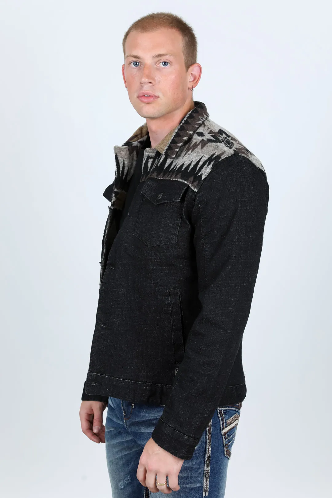 Mens Ethnic Aztec Denim Jacket - Dark Indigo