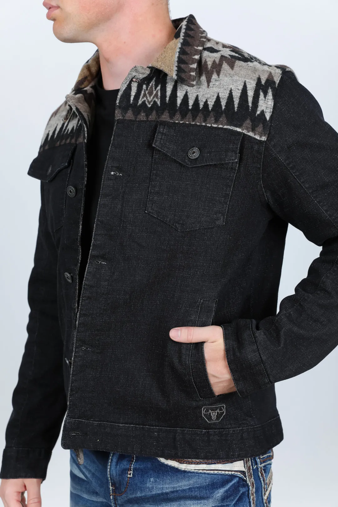 Mens Ethnic Aztec Denim Jacket - Dark Indigo