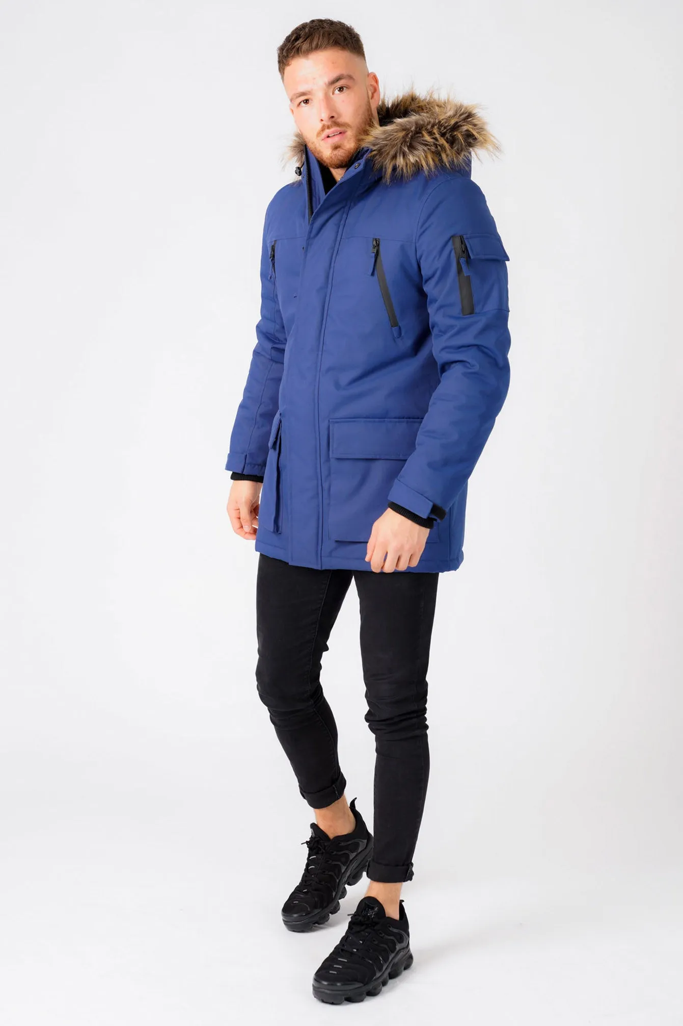 Nolte Utility Parka Coat with Borg Lined Faux Fur Trim Hood in Medieval Blue - Tokyo Laundry