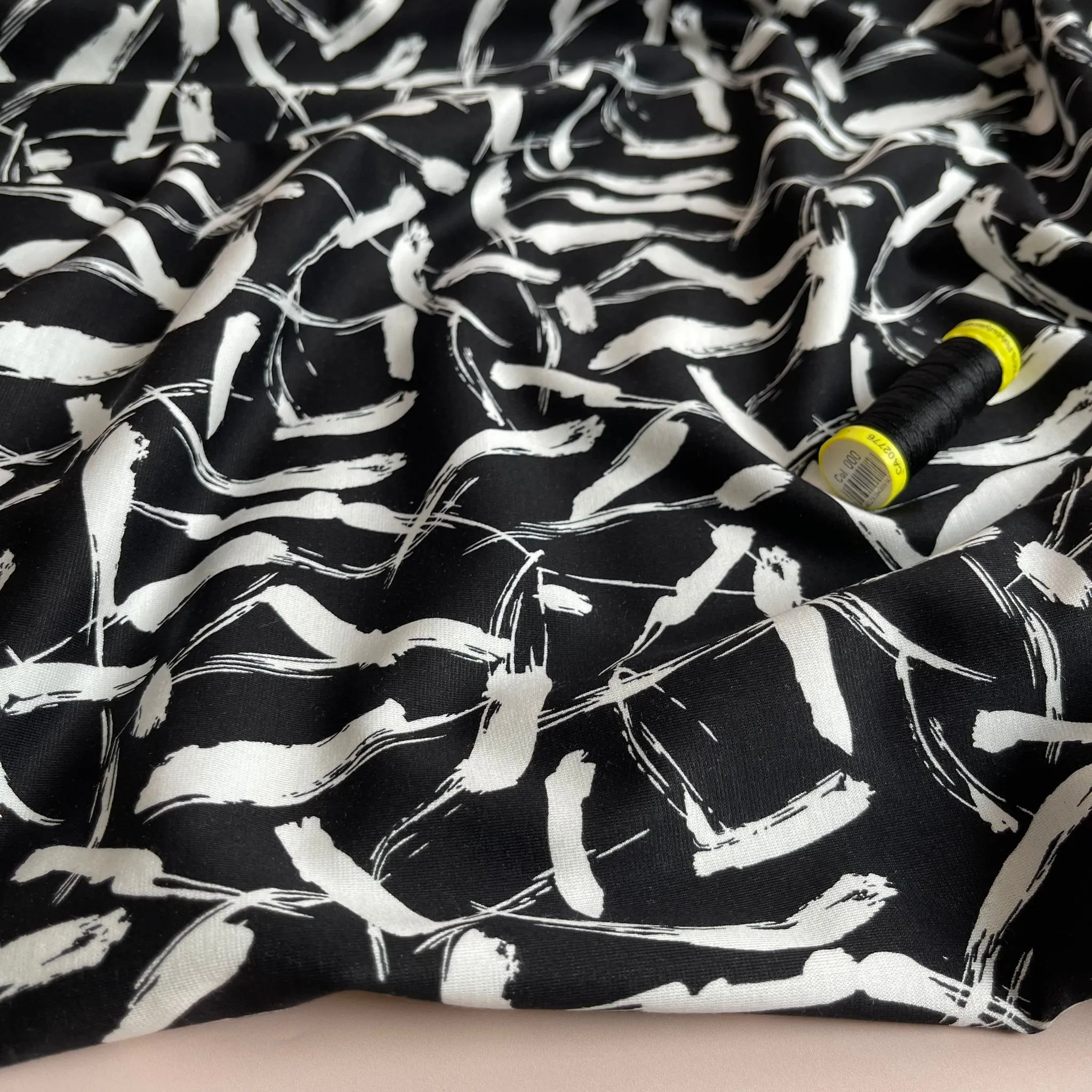 Paint Strokes in Black and White Soft Ponte Roma Fabric