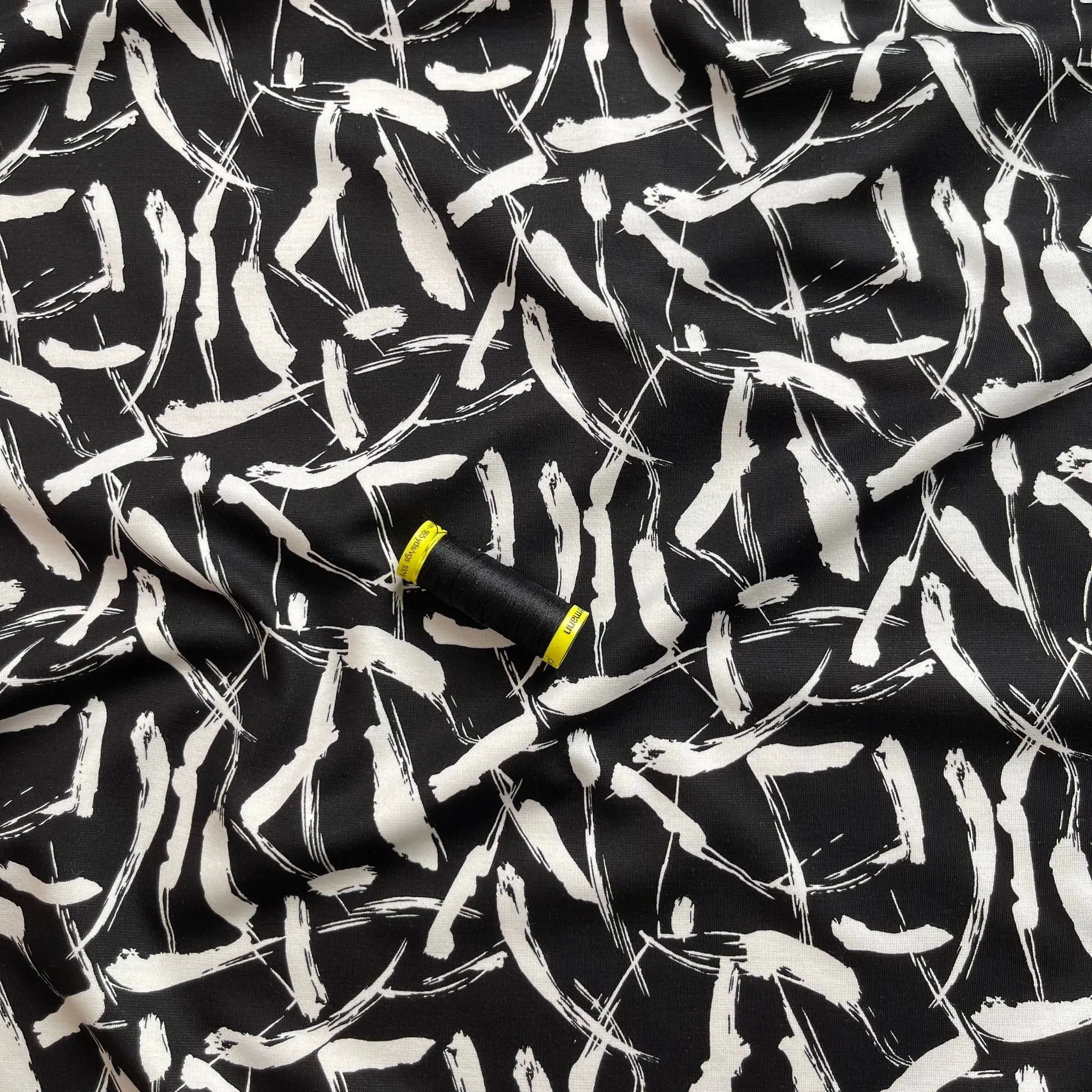 Paint Strokes in Black and White Soft Ponte Roma Fabric