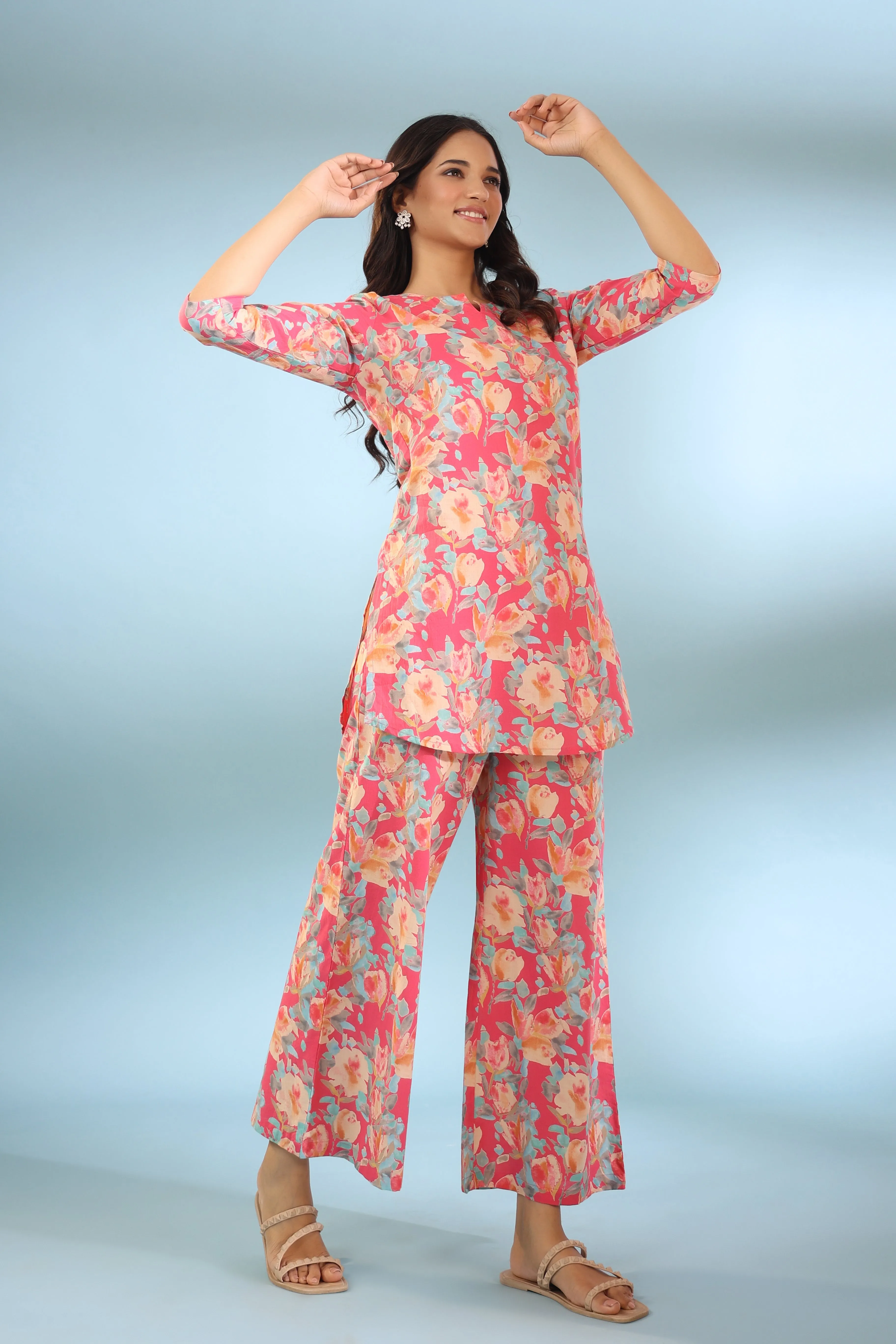 Painted Bouquet on Pink Cotton Palazzo Loungewear Set