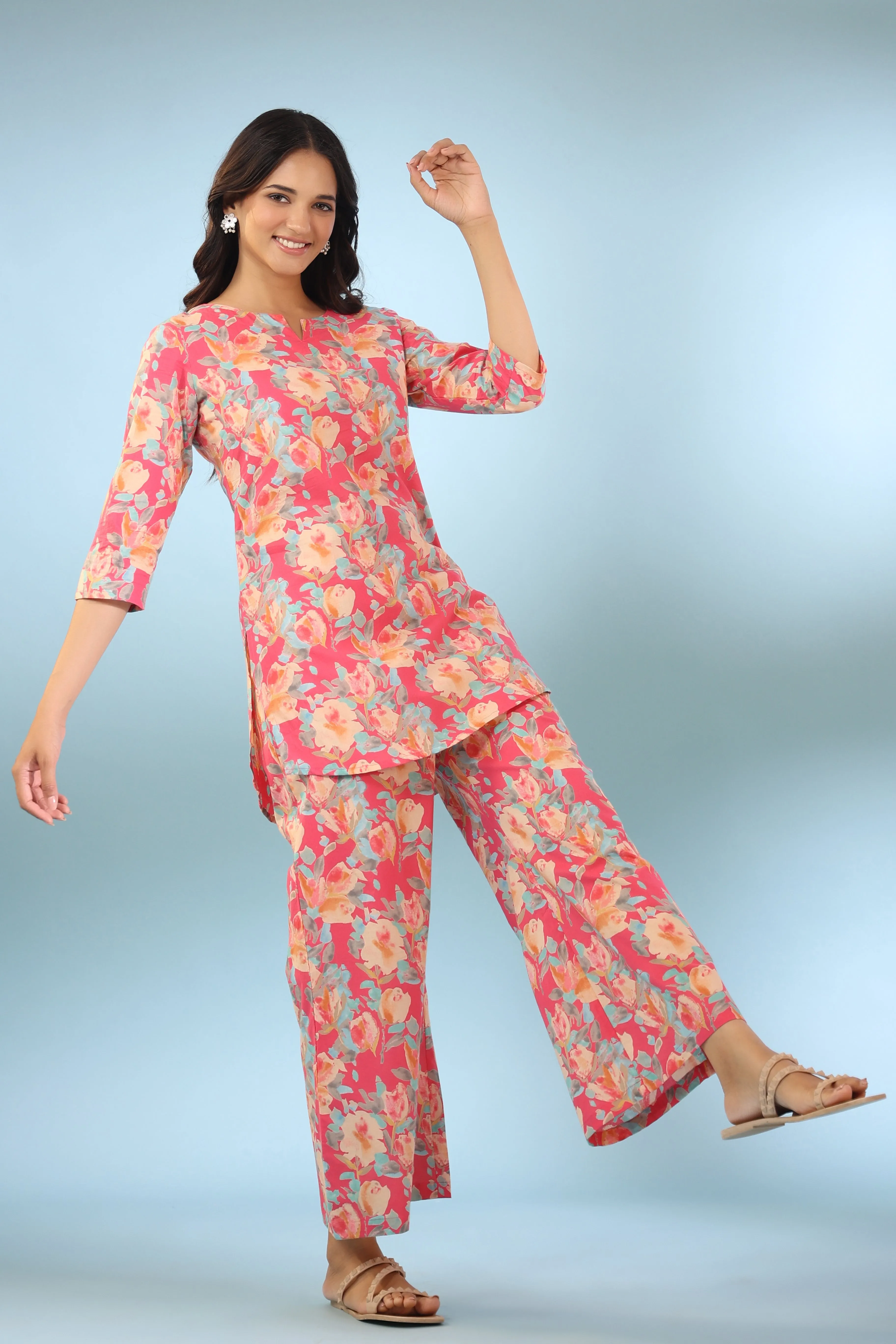 Painted Bouquet on Pink Cotton Palazzo Loungewear Set