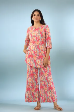 Painted Bouquet on Pink Cotton Palazzo Loungewear Set