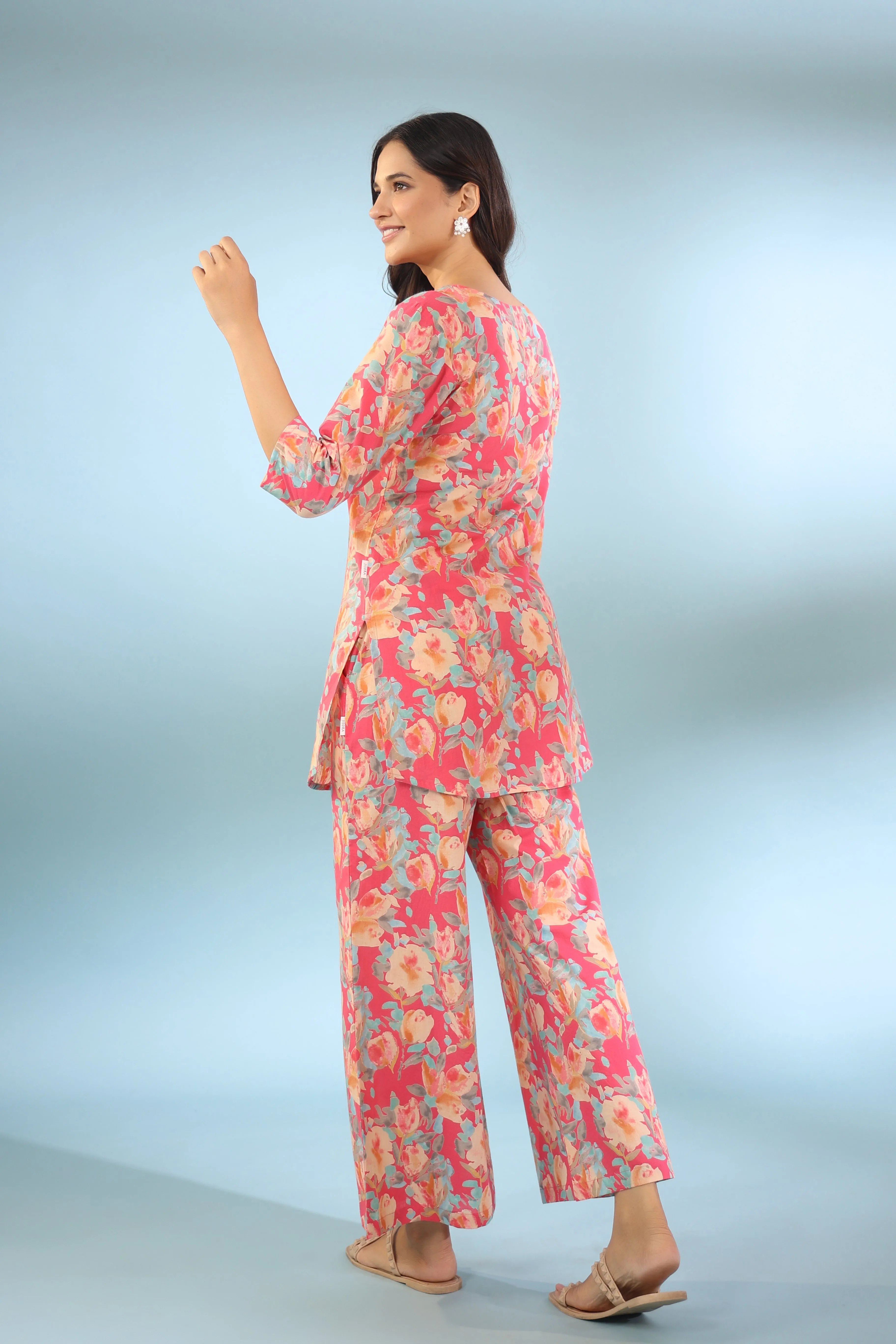 Painted Bouquet on Pink Cotton Palazzo Loungewear Set