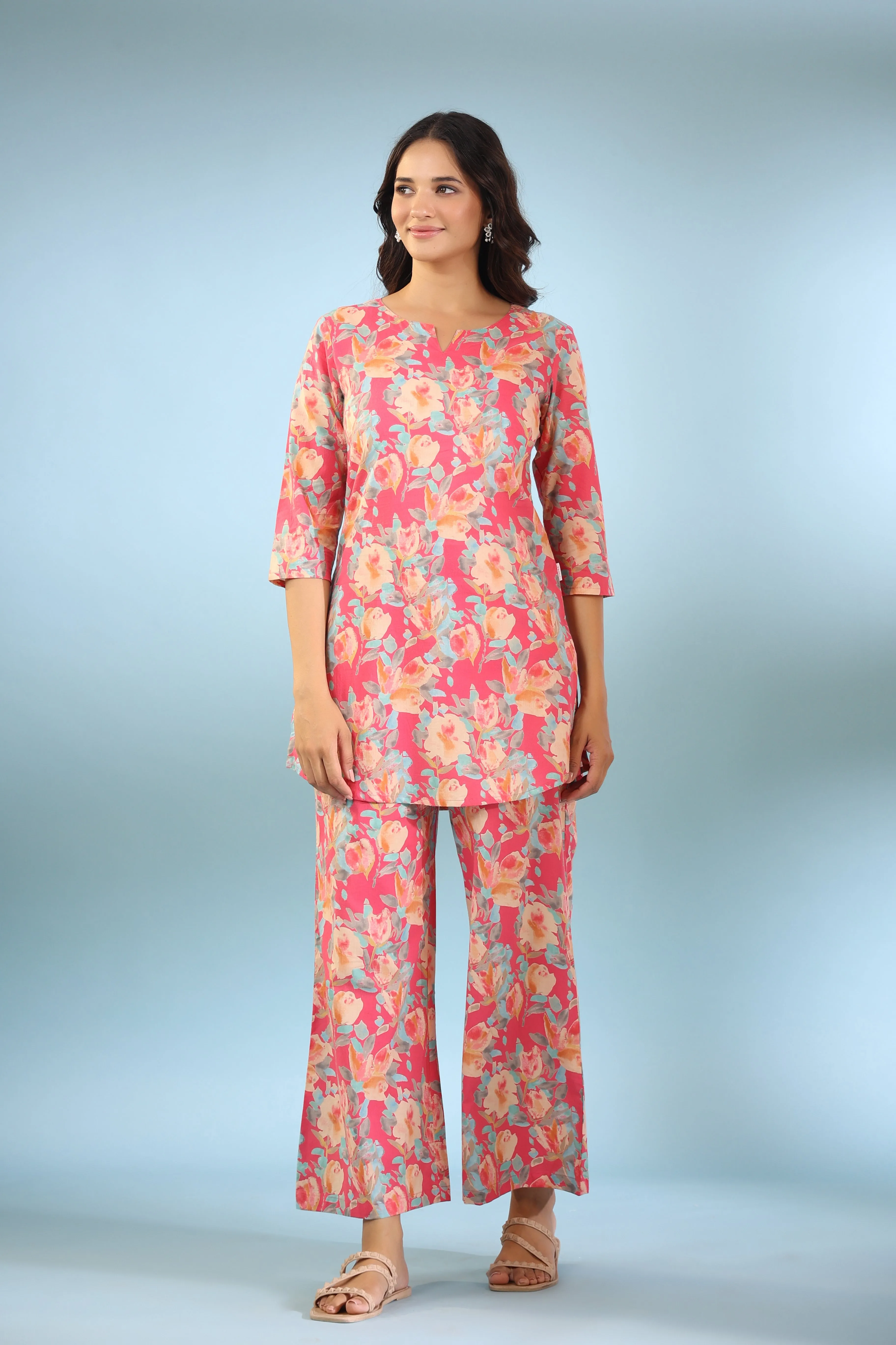 Painted Bouquet on Pink Cotton Palazzo Loungewear Set