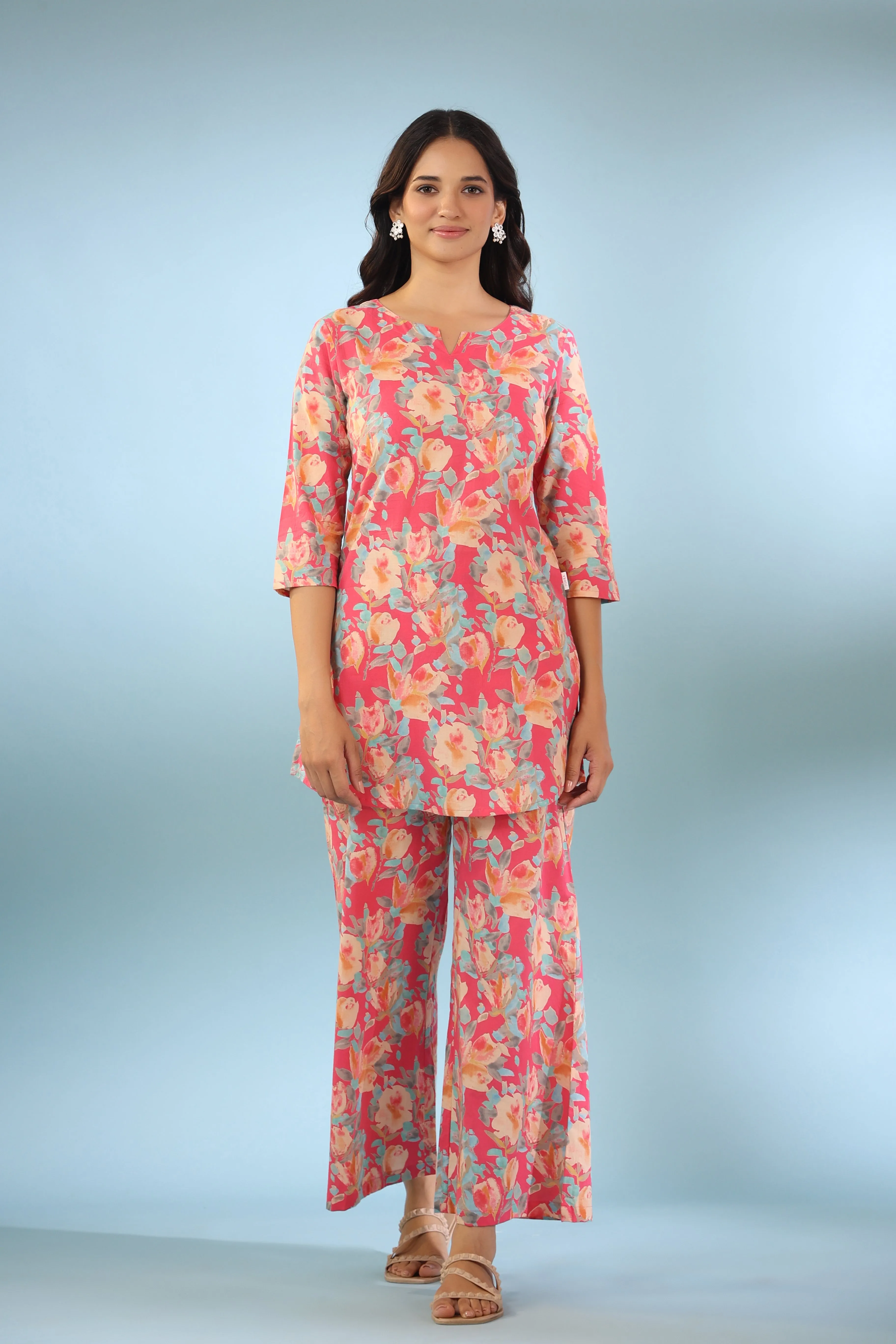 Painted Bouquet on Pink Cotton Palazzo Loungewear Set