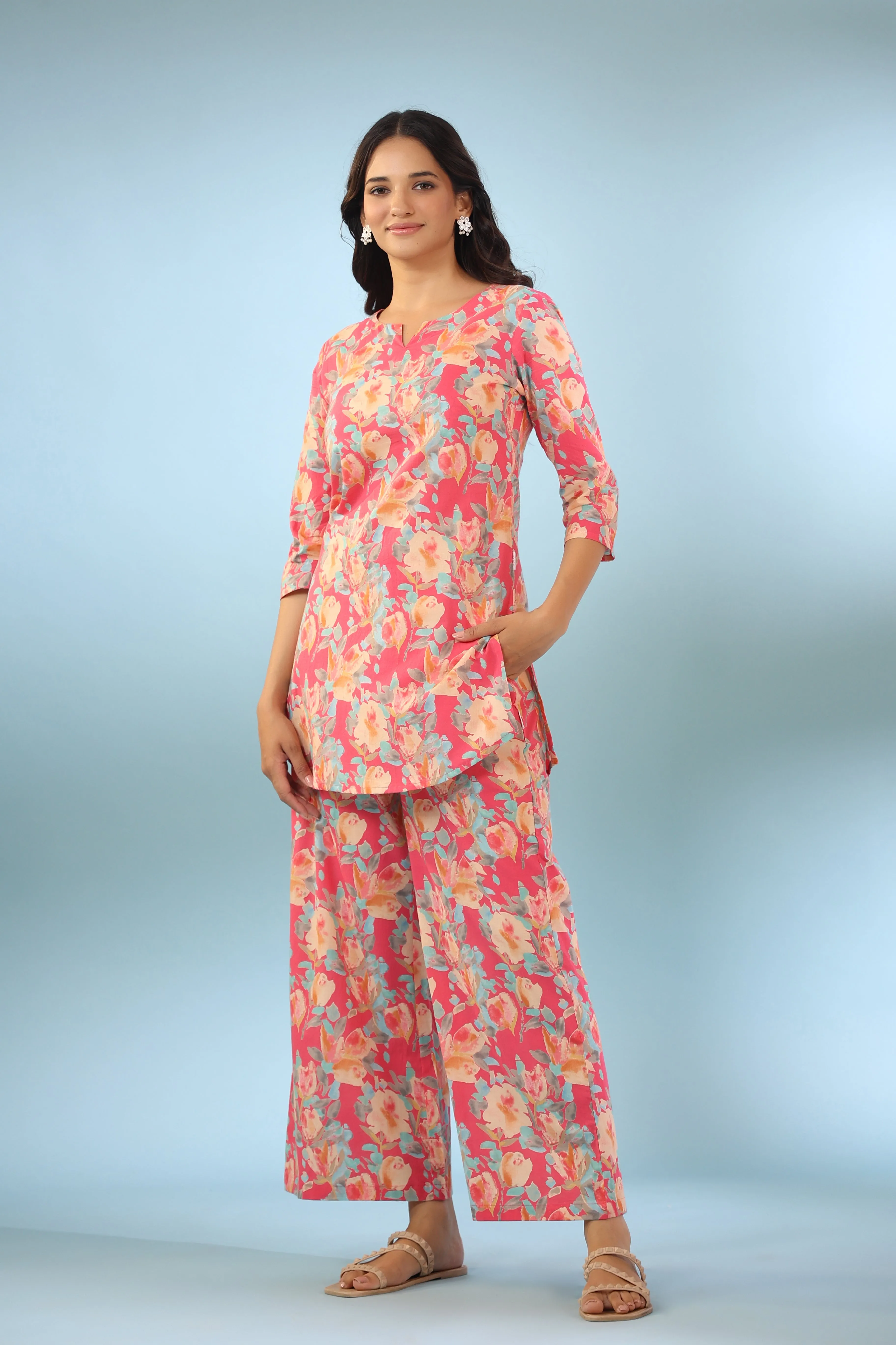 Painted Bouquet on Pink Cotton Palazzo Loungewear Set