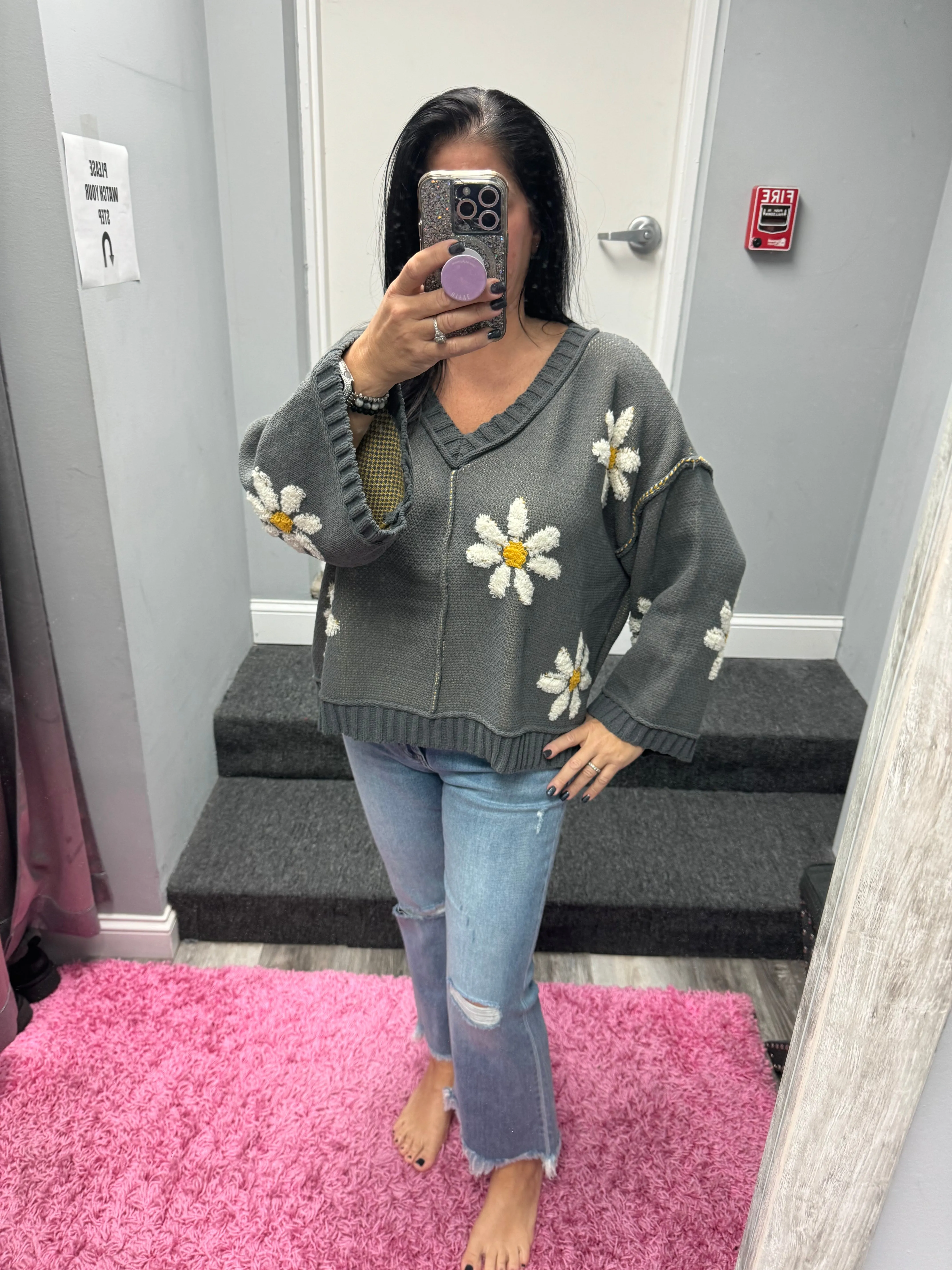 POL V-neck floral pattern chenille pullover sweater - Olive, Pale Almond, Baby Blue and Charcoal