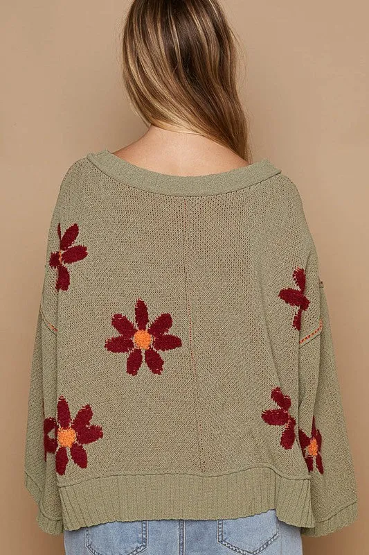 POL V-neck floral pattern chenille pullover sweater - Olive, Pale Almond, Baby Blue and Charcoal