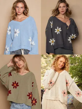 POL V-neck floral pattern chenille pullover sweater - Olive, Pale Almond, Baby Blue and Charcoal