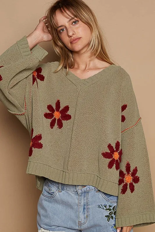 POL V-neck floral pattern chenille pullover sweater - Olive, Pale Almond, Baby Blue and Charcoal